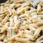 a close up of cavatelli in a skillet