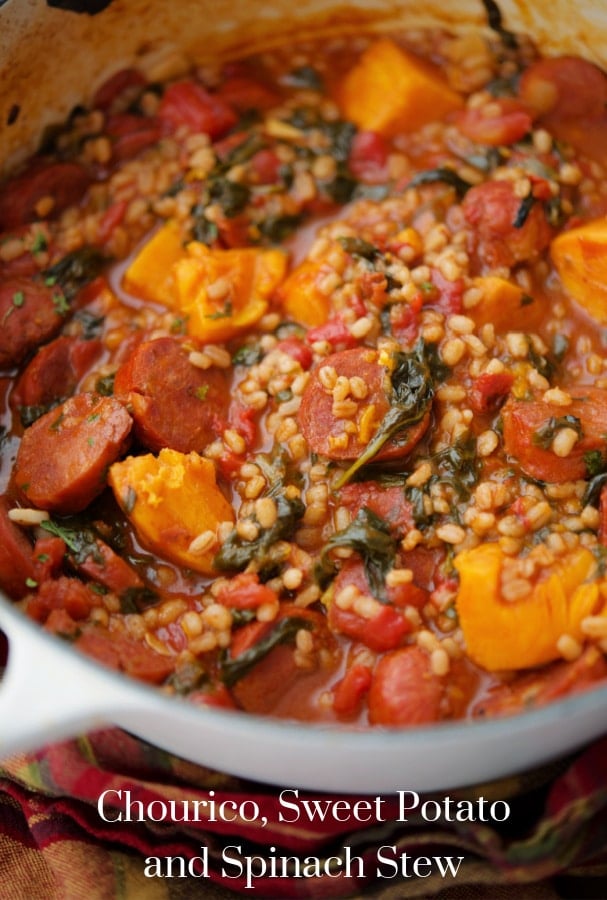 chourico stew in a white pot