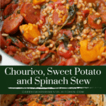 collage photo of chourico , sweet potato and spinach stew
