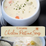 collage photo of creamy chicken pastina soup in white soup crocks