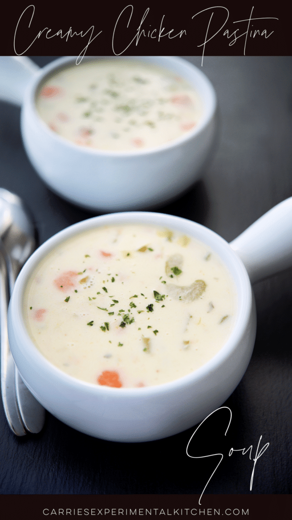 two white soup crocks of chicken pastina soup