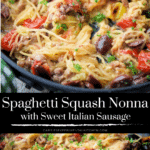 collage photo of spaghetti squash nonna with sausage, tomatoes and olives in a pan