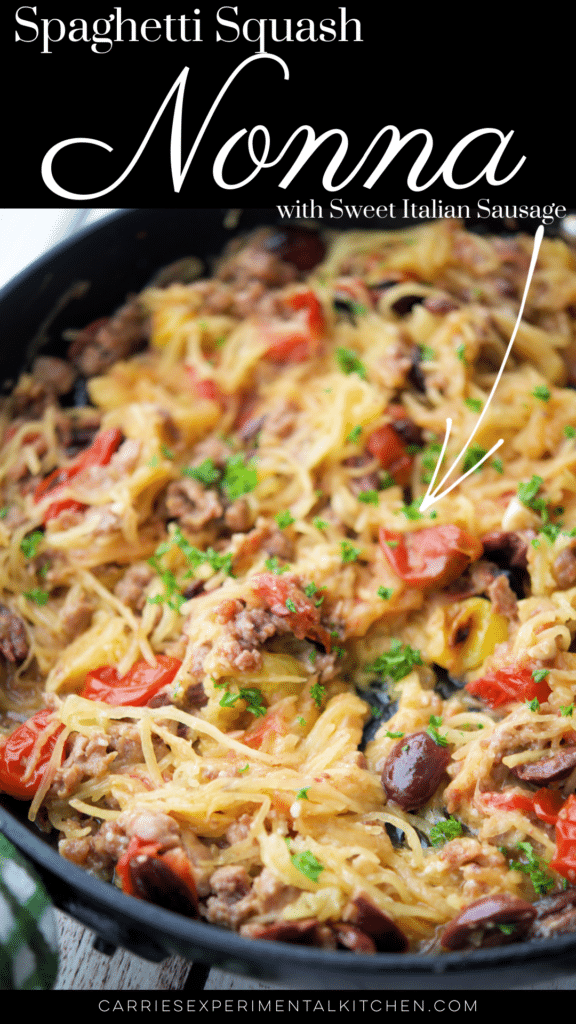 spaghetti squash nonna with italian sausage in a skillet