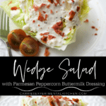 Collage photo of iceberg wedge salad on a white plate