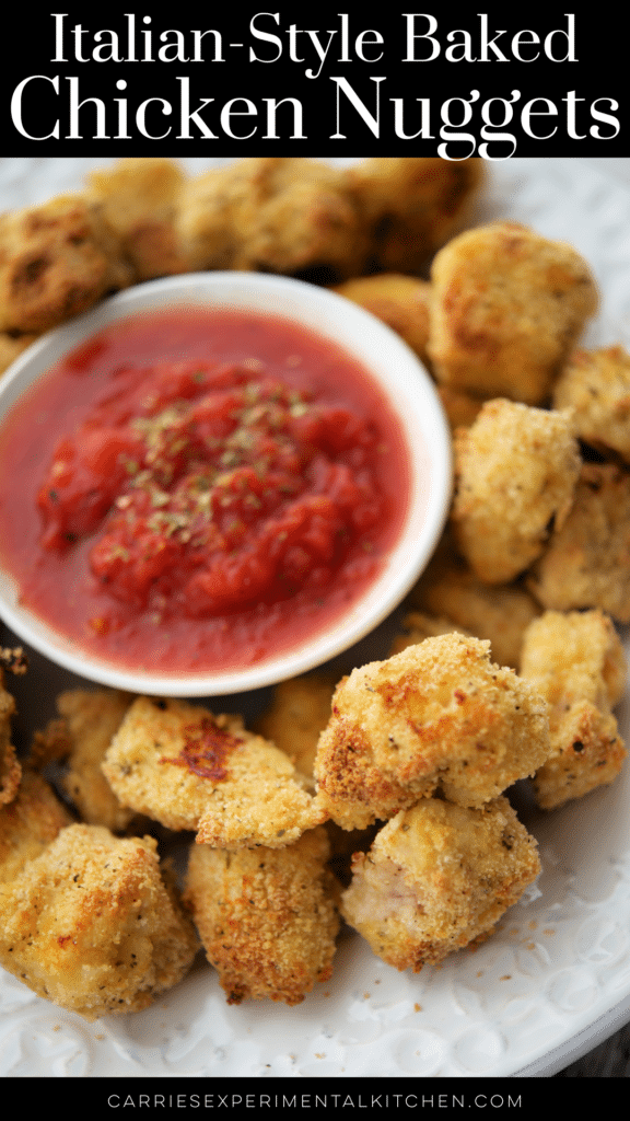 Italian style chicken nuggets with marinara sauce on a white plate