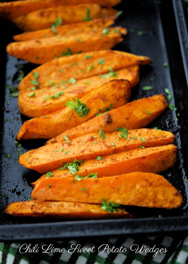 roasted sweet potato wedges in a pan