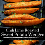 collage photo of roasted sweet potatoes in a small roasting pan
