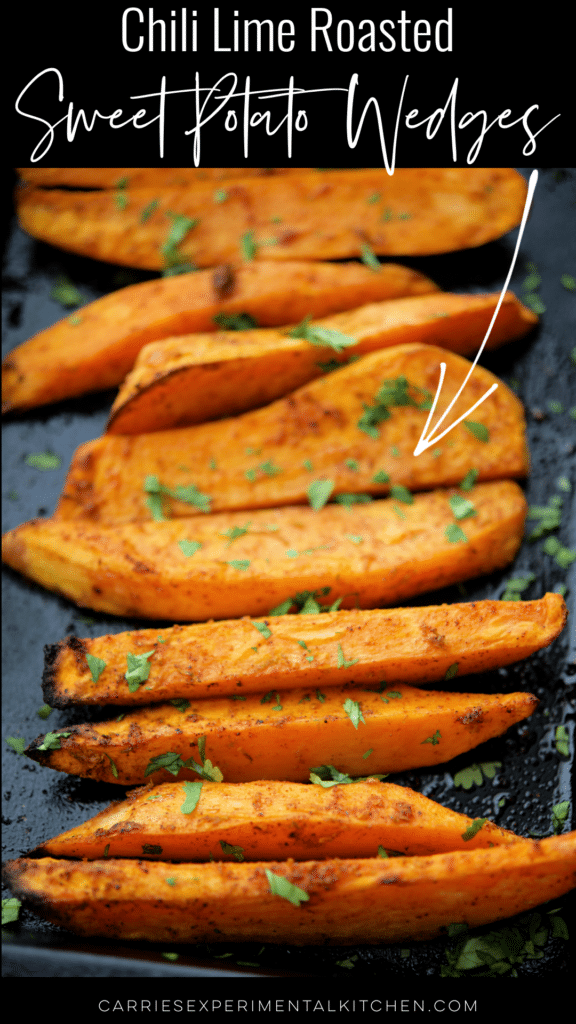 chili lime roasted sweet potato wedges in a small roasting pan