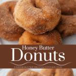 collage photo of honey butter biscuit donuts ona white plate