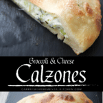 collage photo of broccoli and cheese calzones
