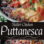 collage photo of chicken puttanesca in a skillet
