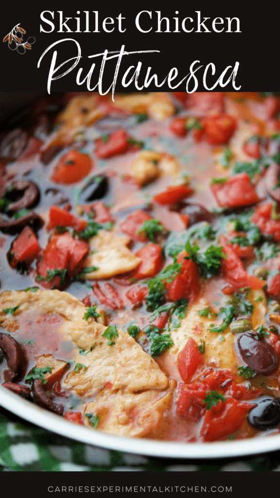 chicken puttanesca in a skillet with olives, tomatoes and capers