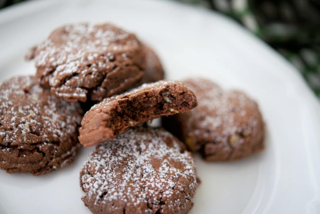 a close up of mint chocolate cookies on a plate