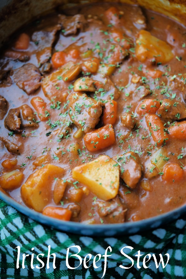 beef stew in a blue dutch oven