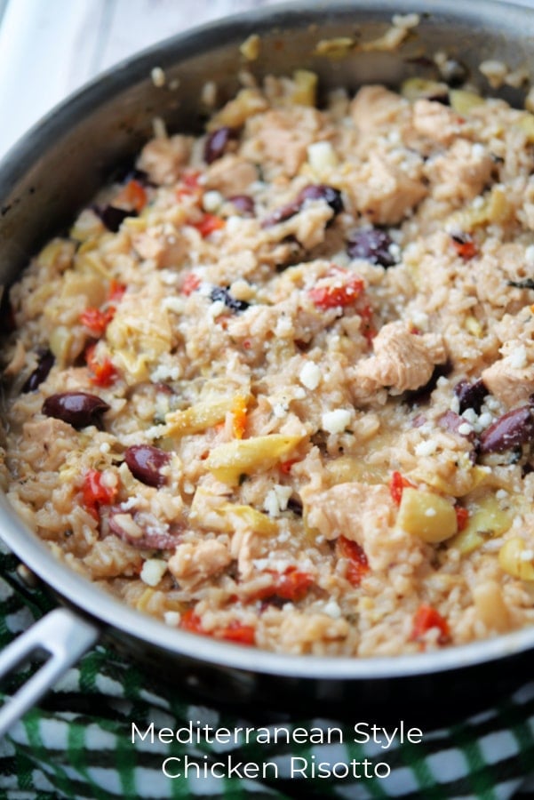 a skillet with chicken risotto