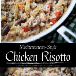 collage photo of risotto with chicken olives and artichoke hearts in a skillet
