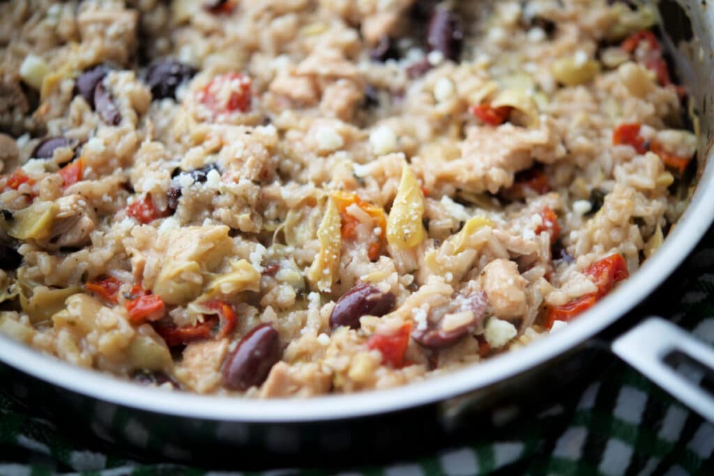 risotto with chicken in a skillet