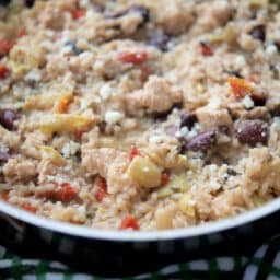a close up of chicken risotto mediterranean style