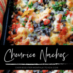 collage photo of chourico nachos on a sheet pan