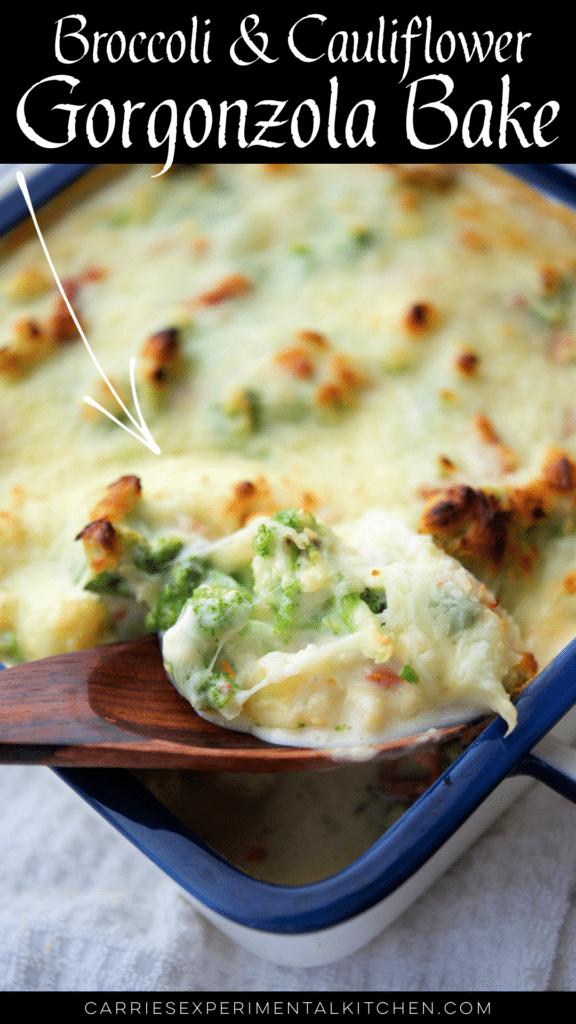 a close up of broccoli and cauliflower with a gorgonzola cheese sauce on a wooden spoon