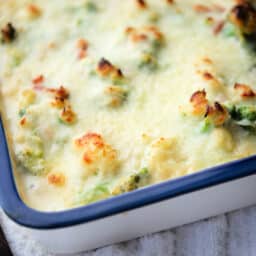 a close up of broccoli and cauliflower in a gorgonzola cream sauce