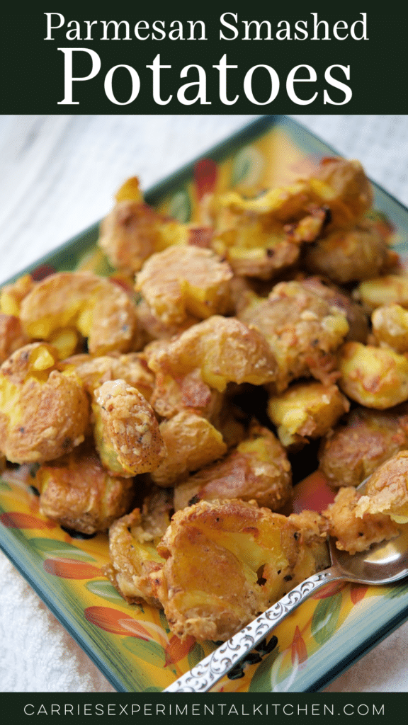 a plate of parmesan smashed potatoes