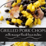 collage photo of grilled pork chops sliced on a plate topped with mango black bean salsa