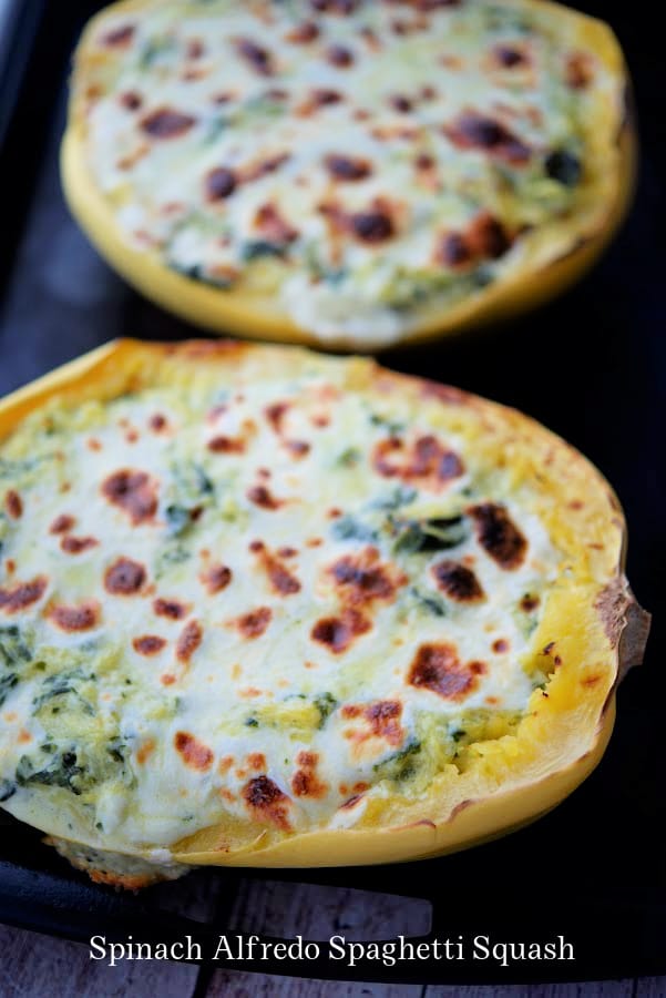 two spaghetti squash shells with spinach alfredo sauce