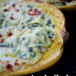 spinach alfredo spaghetti squash on a sheet pan