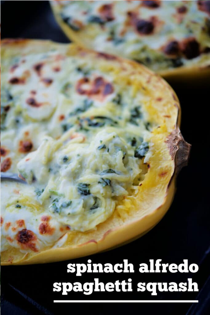 spinach alfredo spaghetti squash on a sheet pan