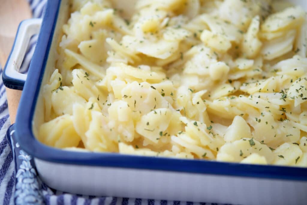 a dish with german potato salad