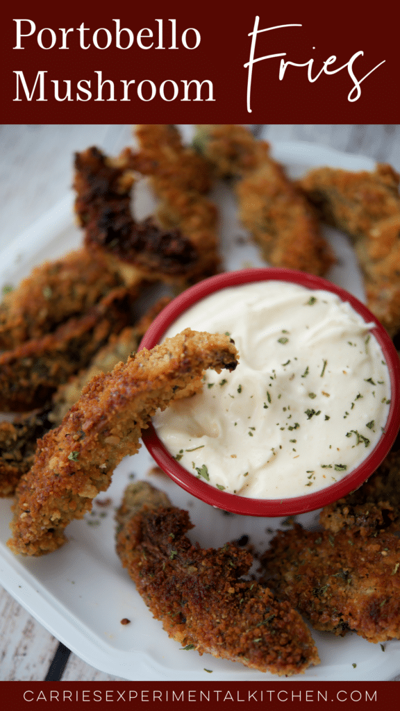 portobello mushroom fries on a white plate with a dipping sauce