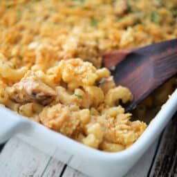a close up of bbq chicken mac and cheese in a dish with a spoon