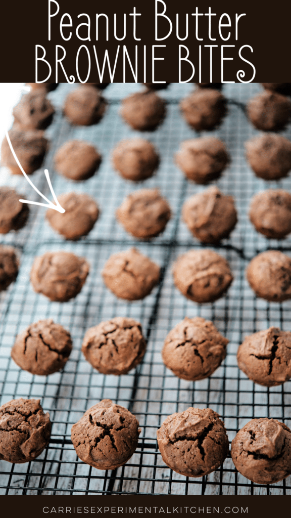 peanut butter brownie bites in a row on a cooling rack
