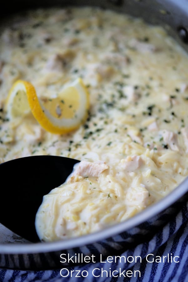 lemon chicken orzo in a skillet