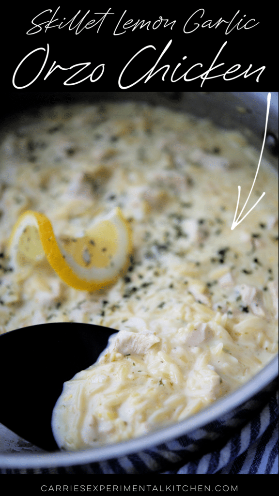 lemon garlic chicken orzo in a skillet