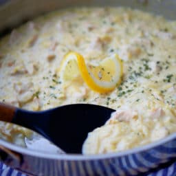 a close up of lemon garlic chicken orzo