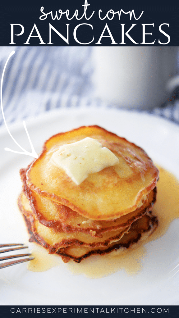a stack corn pancakes on a plate with melting butter and syrup