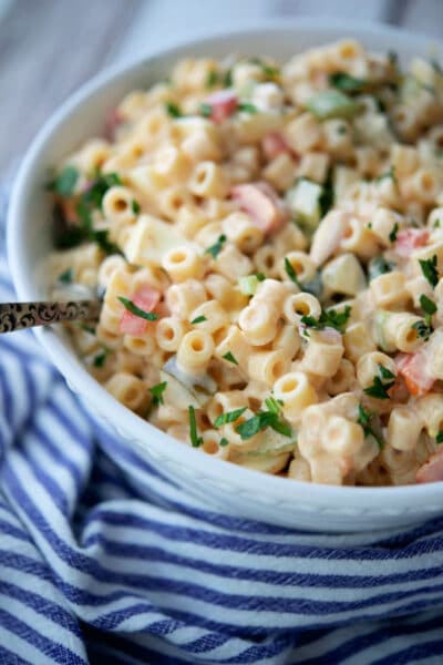amish macaroni salad on a spoon