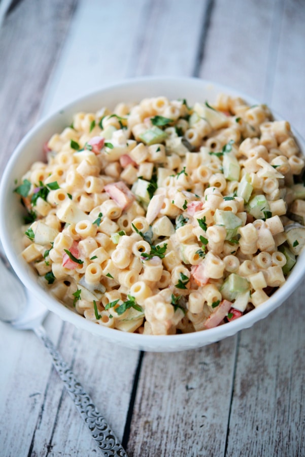 amish macaroni salad in a white bowl