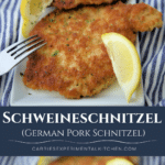 collage photo of german pork schnitzel on a white dish