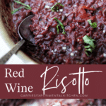 collage photo of red wine risotto in a skillet