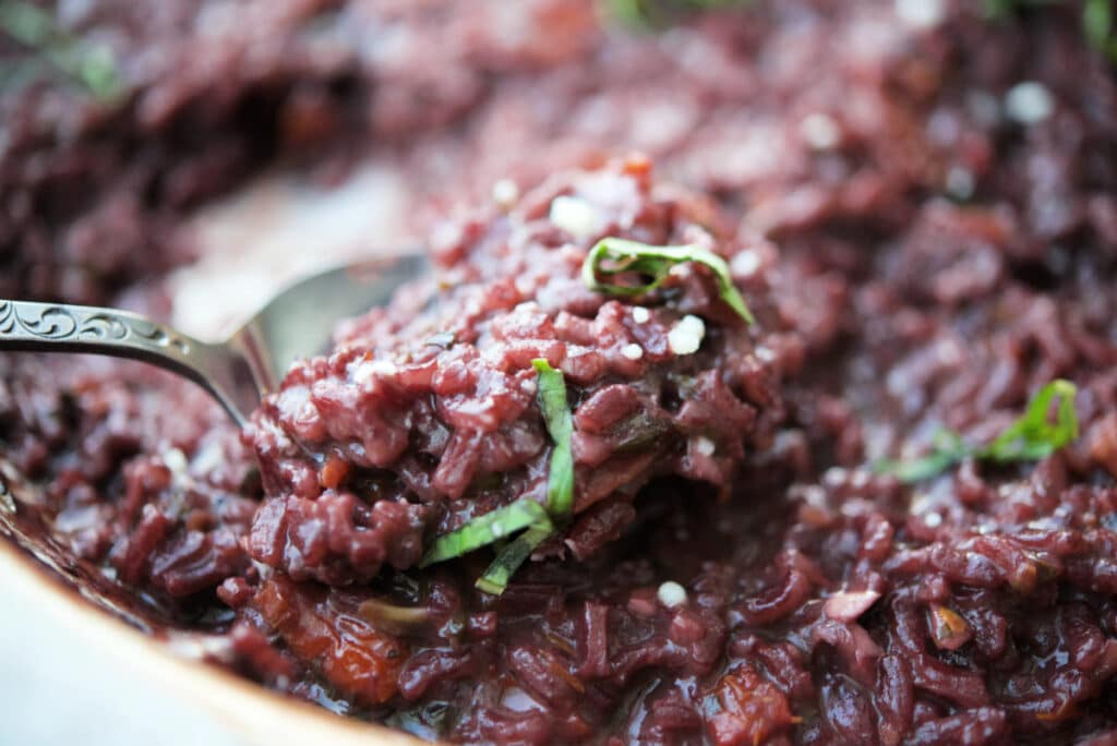 red wine risotto on a spoon