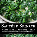 collage photo of fresh sauteed spinach with garlic and parmesan