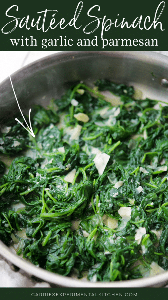 a skillet with sauteed spinach with garlic and parmesan cheese
