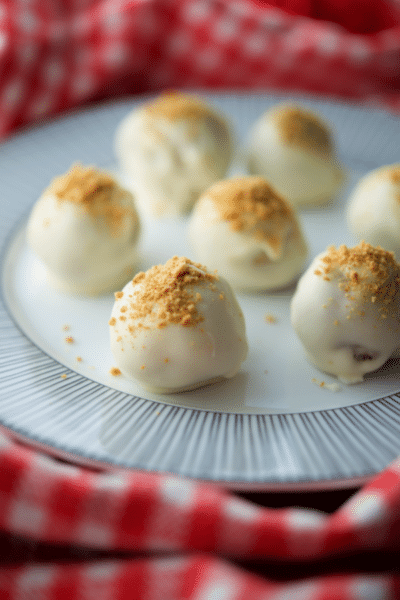 apple pie truffles on a black and white plate