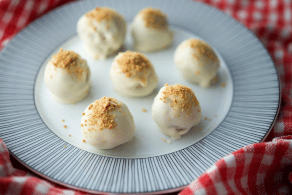 a close up of apple pie truffles on a plate