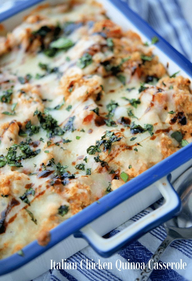 a casserole in a white and blue dish
