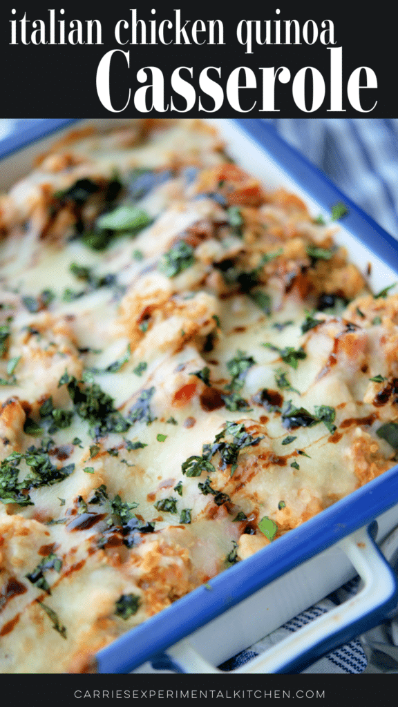 italian chicken quinoa casserole in a white and blue dish