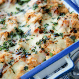 quinoa and chicken casserole with melted cheese in a white and blue dish
